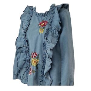 Chambray Ruffle Long Sleeves Denim Top